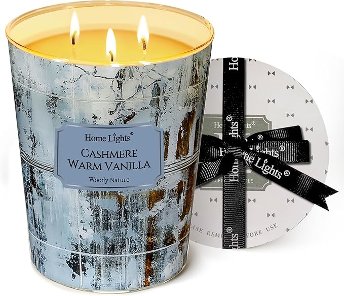 HomeLights Scented Candles | Large Jar 34 Oz Natural Soy Candle | 130 hrs Long-Lasting with 3 Wicks | Industrial Chic Home Decor | Gifts for Mom & Women, Cashmere Warm Vanilla