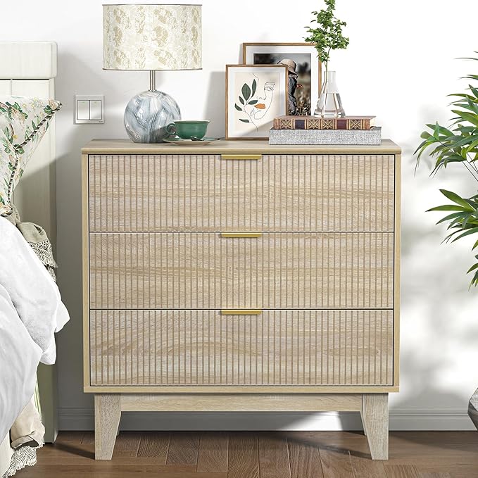 Anmytek 3 Drawer Dresser for Bedroom, Modern Closet Dressers Chest of Drawers, Wood Tall Dresser Storage Dresser Large Nightstand for Bedroom Living Room Hallway Closet, H0113
