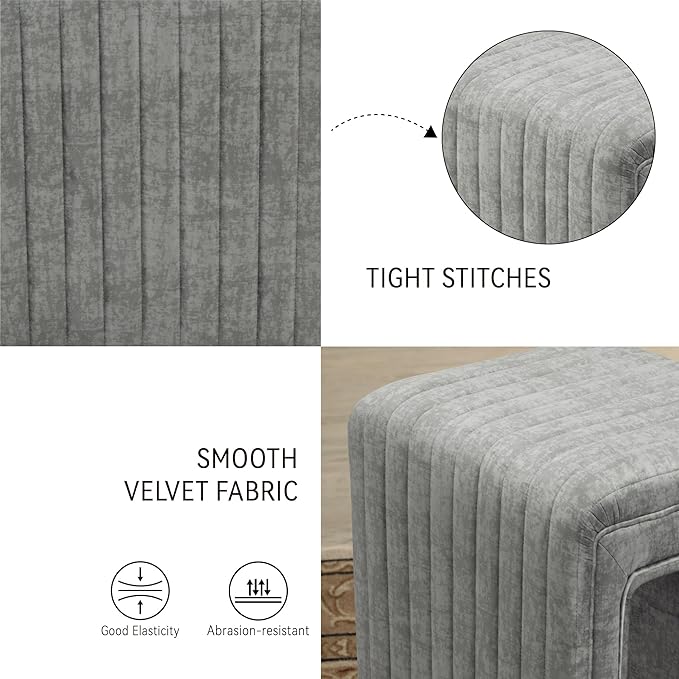 Get Set Style Vanity Stool Chair,Modern Velvet Ottoman Foot Stool with Wooden Legs Sofa Bench Footstool Extra Seat for Vanity,Makeup Room,Living Room,Entryway,Office (Fully Assembled) (Dark Grey)