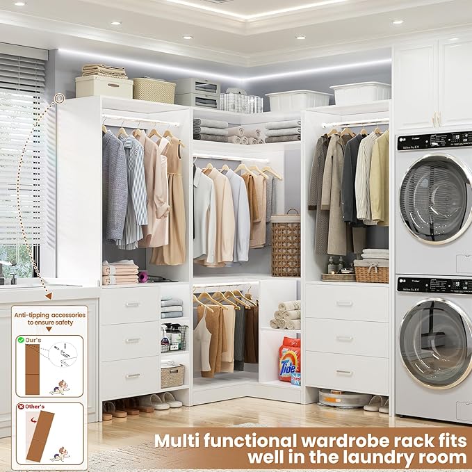 Aheaplus Closet System with 3 Sets, 86.8" Closet Organizer System with 6 Drawers & 4 Hanging Rods, L Shaped Walk-in Closets, Wardrobe Set, Corner Tower, Garment Rack Load 2000+LBS, -X1,White