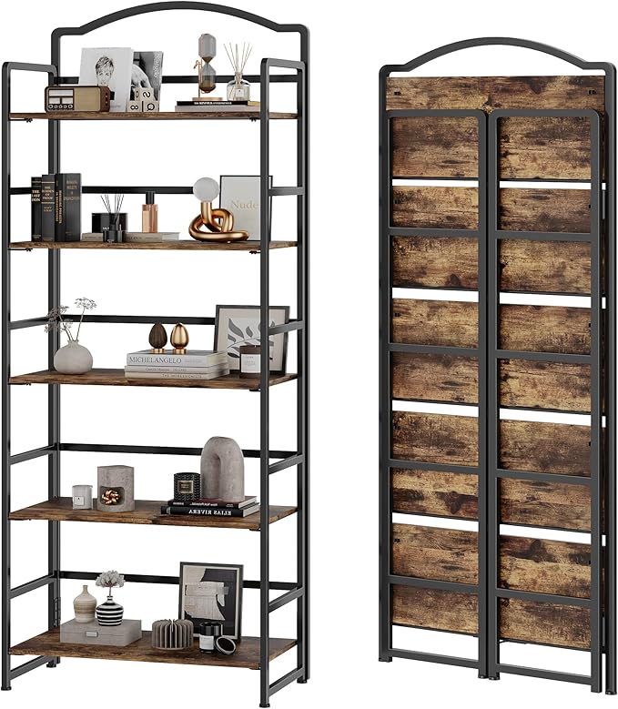 JSB No Assembly Folding Bookshelf, 5 Tier Book Shelf for Storage, Vintage Wood Foldable Bookcase for Living Room, Bedroom, Office Organization Shelves