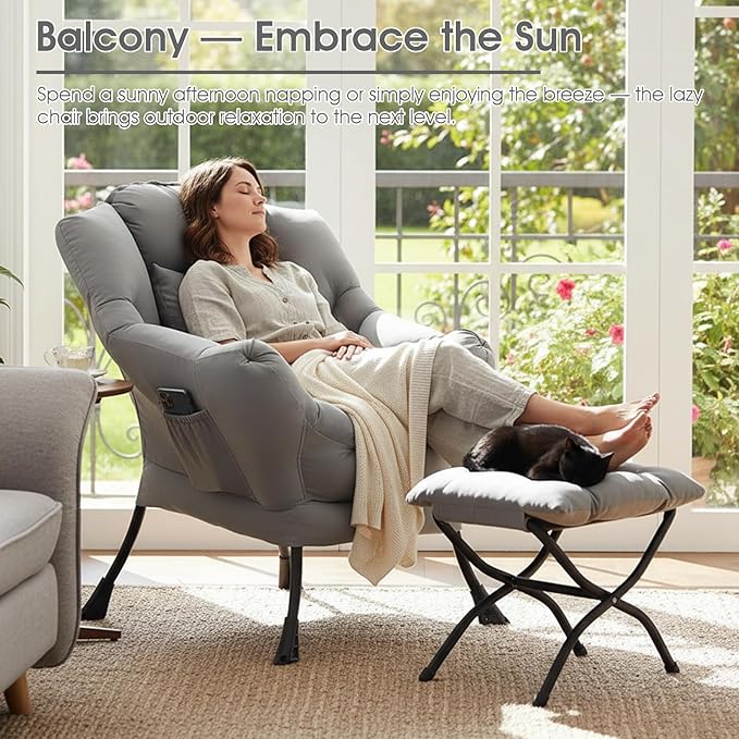Lazy Chair with Ottoman, Large Lounge Accent Chair with Ottoman and a Throw Pillow, Light Gray Reading Chair for Living Room Bedroom Dorm Room Office Apartment Relaxing Use
