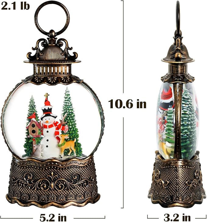 Snowman Snow Globe Christmas Decorations Indoor Deer Cardinal Snowman Gifts Classic Relief Texture Musical Glitter Snowfall USB/Battery Timer Lantern 10.6 inch