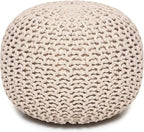 REDEARTH · Round Pouf Ottoman - Hand Knitted Cable Boho Poof Home Décor Pouffe Circular Footrest for Living Room - Nursery - Bedroom - Lounge 100% Cotton (18”x18”x14”) - Ivory, Set of 2