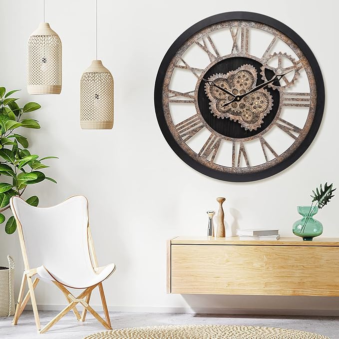 HOIBAI Large Wall Clock, Wall Clocks for Living Room Decor 20 Inch Farmhouse Vintage Rustic Kitchen Wall Decor Vintage Roman Oversized Wall Clock for Home Bedroom House Office, Moving Gears Clock