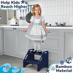 AMBIRD Wooden Step Stool, Two Step Stools Toddler 300 lbs Capacity with Safety Non-Slip Pads and Handles, Bamboo Step Stool for Bathroom, Kitchen Dual Height Step Stools for Kids (Navy Blue)