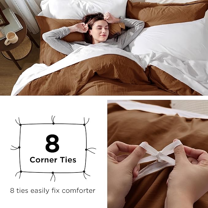 Bedsure Brown Duvet Cover Queen Size - 3 Pieces Prewashed Cotton-Like Extra Soft Bedding Set, Includes 1 Duvet Cover 90x90 Inches with Zipper Closure & 2 Pillow Shams, Comforter Not Included