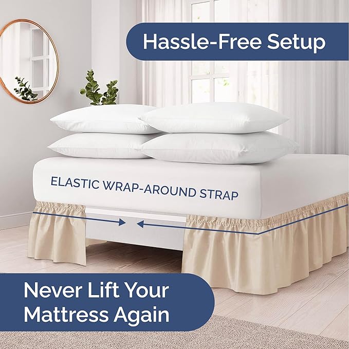 Wrap Around Dust Ruffle Bed Skirt - Cream - for Queen Size Beds with 24 Inch Drop - Easy Fit Elastic Strap - Adjustable Pleated Bedskirt w/Brushed Fabric - Wrinkle Free - for Women, Men, Kids & Teens