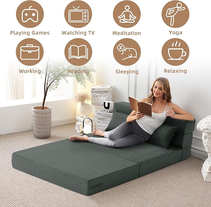 FILUXE Convertible Folding Sofa Bed - Sleeper Chair with Pillow, Modern Linen Fabric Floor & Futon Couch, Foldable Mattress for Living Room/Dorm/Guest Use/Home Office/Apartment, Queen Size, Dark Gray