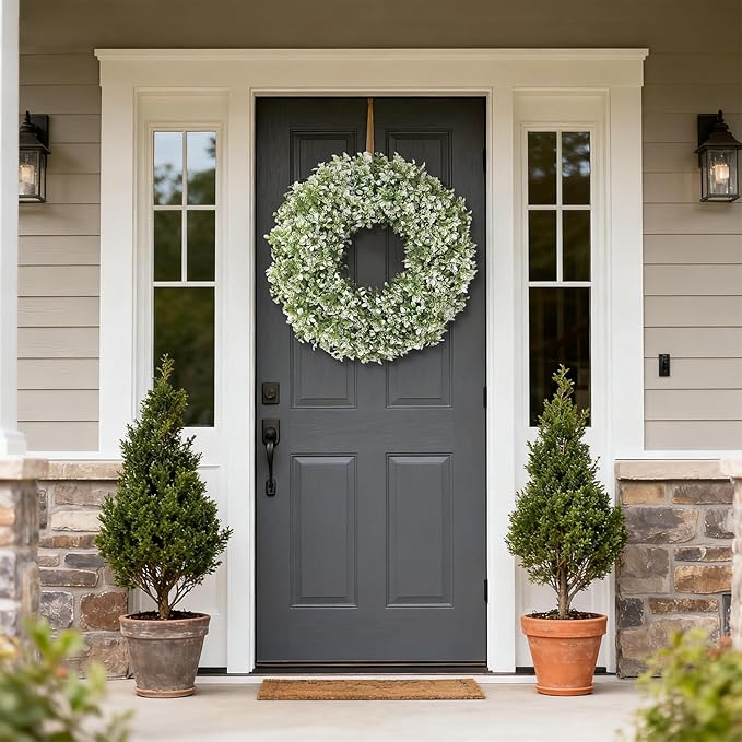 26" Artificial Boxwood Wreath for Front Door - Large Faux Aglaia Odorata Wreath, Fake Eucalyptus Leaves Plants for Wall Window Farmhouse Outdoor Decor - Spring, Summer, All Seasons (White-Green)