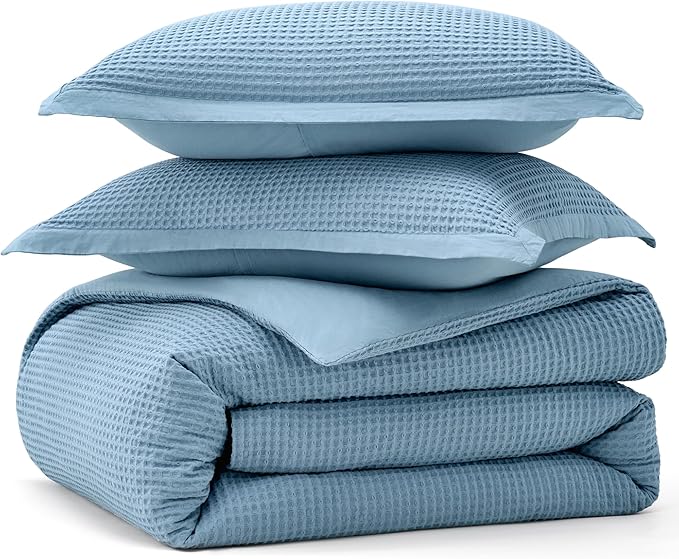 Bedsure Cotton Duvet Cover King - 100% Cotton Waffle Weave Grey Blue Duvet Cover King Size, GentleSoft™ and Breathable Bedding Set for All Season, 3 Pieces, 104"x90"