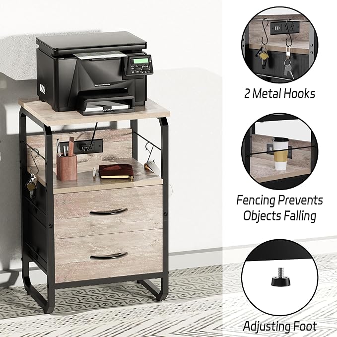 Nightstand with Drawers, Storage Night Stand with Charging Station Type C Port, Small Side Table with Hooks, Wood Metal End Table for Living Room, Bedroom, Dorm, Greige