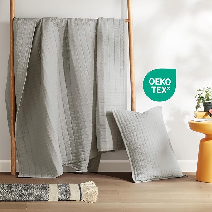 Comfort Spaces Kienna Quilt Set- Double Sided Stitching Design Summer Blanket, Lightweight, Soft, All Season Bedding Layer, Matching Sham, Grey, Coverlet Twin/Twin XL(66"x90") 2 Piece
