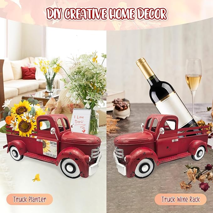 Valentine's day Truck Decor 13.4 Inch Farmhouse Vintage Metal Truck with 12 Magnets Valentines Day Table Decorations for Home Kitchen Mantel Spring Garden Interchangeable Seasonal Decor