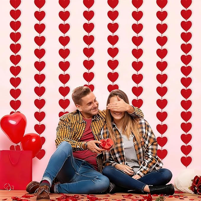 Valentines Day Decorations, 96 PCS Red Felt Heart Garland Hanging, Pre-Assembled Romantic Heart String Garland for Home, Wedding, Anniversary & Party Decor