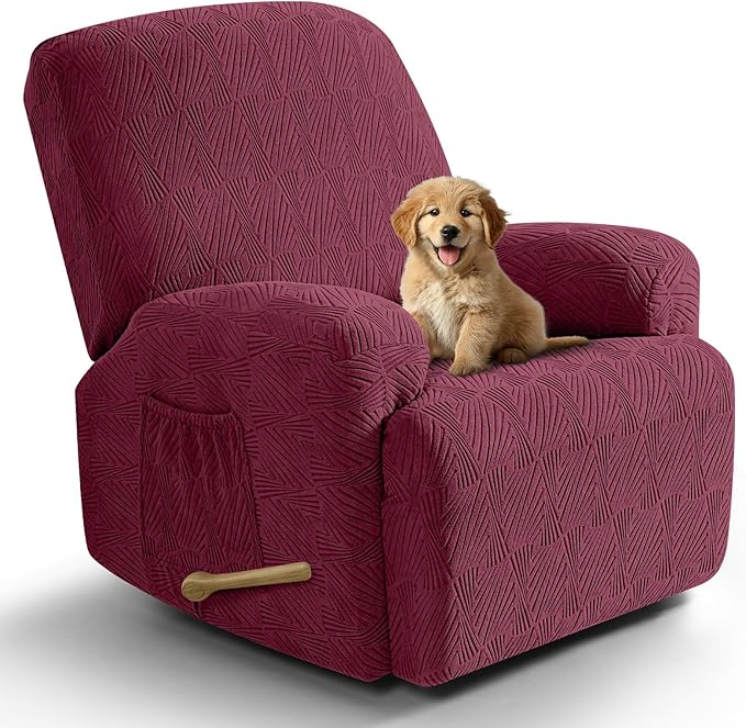VANSOFY Oversized Recliner Chair Covers, 4-Pieces Stretch Recliner Cover Jacquard Soft Reclining Chair Slipcover Furniture Protector with Elastic Bottom for Lazy Boy Recliner(Wine)