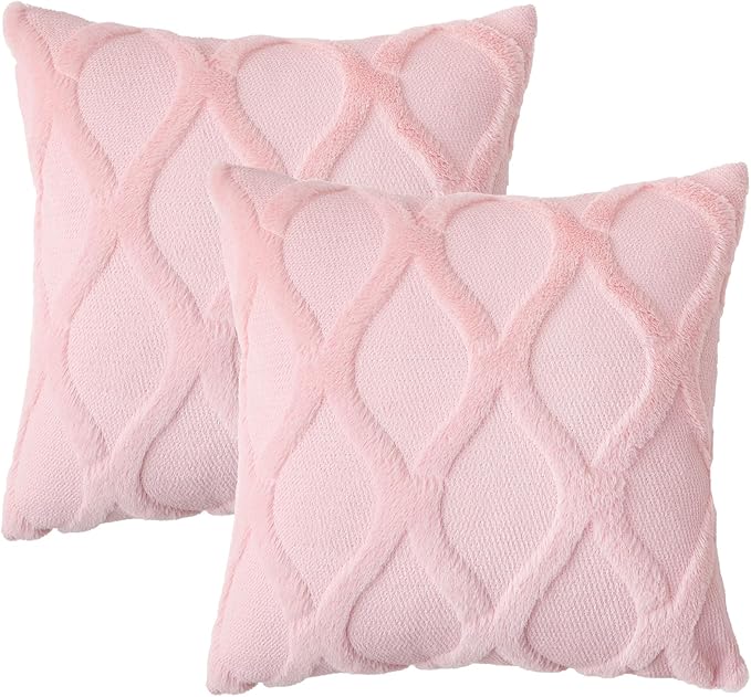decorUhome Spring Throw Pillow Covers 18x18 Inch Set of 2, Soft Plush Faux Fur Wool Light Pink Couch Pillow Covers, Decorative Neutral Pillow Cases for Bed Sofa Living Room Valentines Decor