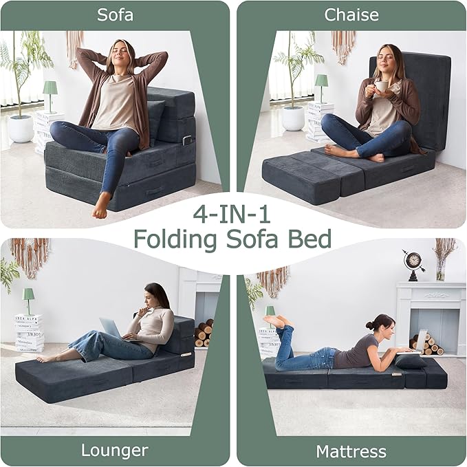 Folding Sofa Bed, 4 in 1 Convertible Sleeper Chair with Pillow, Single Memory Foam Fold Out Chair Bed, Modern Floor Futon Sofa Couch Mattress for Living Room/Guest/Apartment, Dark Grey