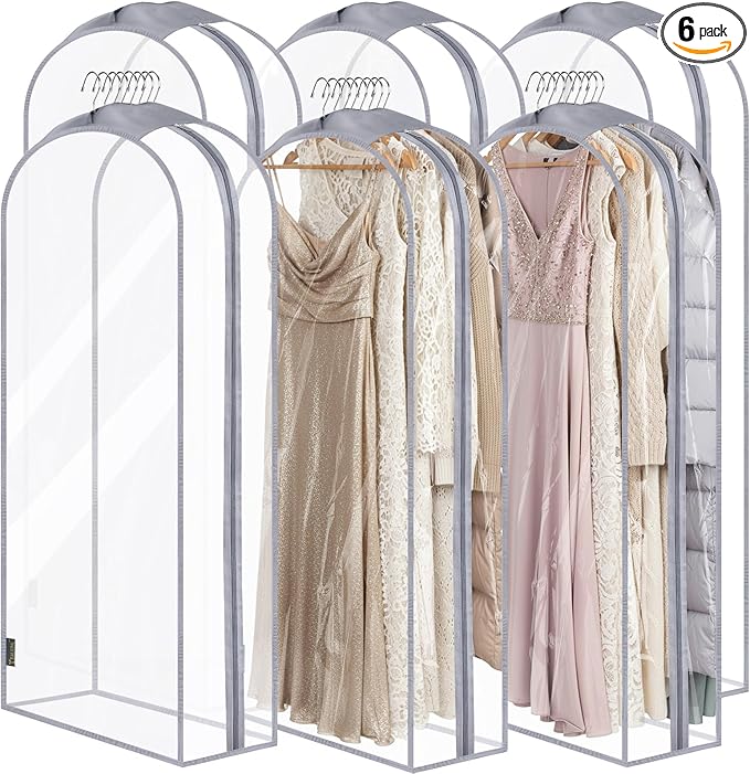 BALEINE 60'' Clear Garment Bags for Hanging Clothes, 10.5'' Wide PEVA Suit Bag for Closet Clothes Dresses Coat (Clear, 6PK)