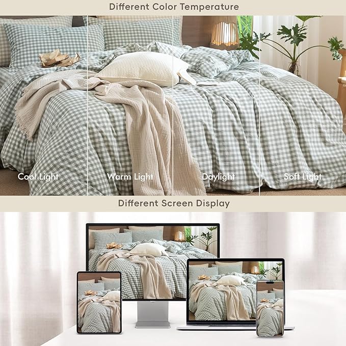 MooMee Gingham Duvet Cover Set 100% Washed Cotton Linen Like Textured Breathable Durable Soft Comfy Modern Checkered Design (Sage Green Gingham, King 104"x90")