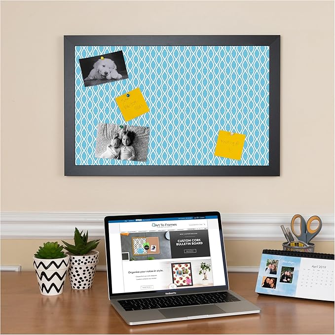PinPix 30x12 inch Cork Bulletin Board. This Decorative Framed Pin Board Comes with Sky Blue Waves Design and a Satin Black Frame. Ideal for Home Office Decor (PinPix-245)