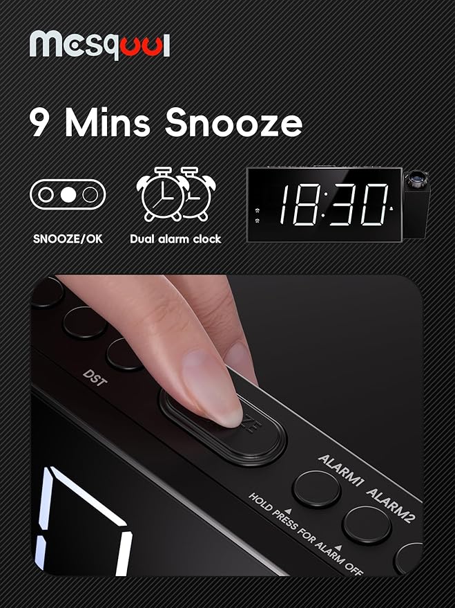 Projection Digital Alarm Clock with Bed Shaker for Bedroom, Extra Loud Alarm Clock for Heavy Sleeper, 180° Rotable Ceiling Projector Clock,2 Alarm,5 Dimmer Volume,USB Charger, Battery Backup,12/24H…