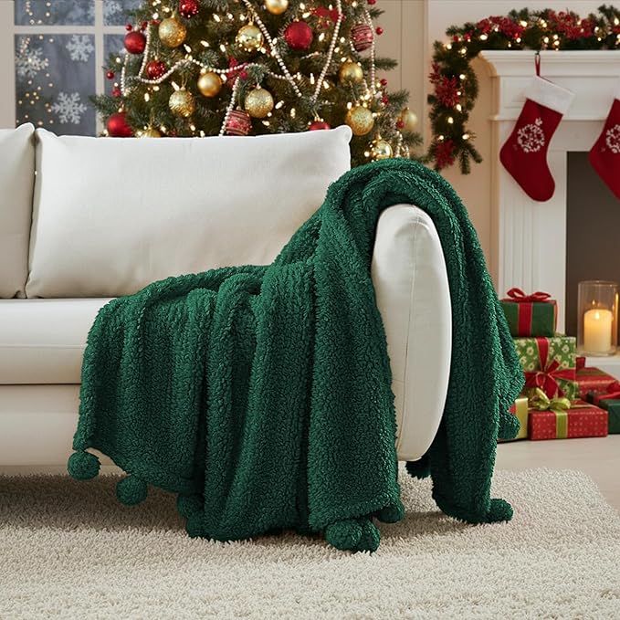 HORIMOTE HOME Ultra Soft Sherpa Throw Blanket with Pompom Fringe, Lightweight Plush Boho Throw Blanket for Couch, Sofa, Bedroom,Travel, Christmas Decor, Warm Blanket for Winter, 60"x80", Green