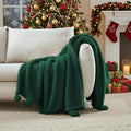 HORIMOTE HOME Ultra Soft Sherpa Throw Blanket with Pompom Fringe, Lightweight Plush Boho Throw Blanket for Couch, Sofa, Bedroom,Travel, Christmas Decor, Warm Blanket for Winter, 50"x60", Green