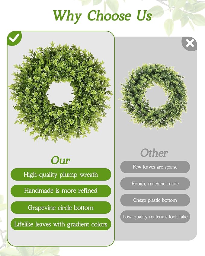 Vlorart 20 Inch Boxwood Wreaths for Front Door，Artificial Spring Wreath for Wall Farmhouse Wedding Front Porch Green Wreaths Year Round Indoor Outdoor for Summer Christmas Wreath Home Decorations
