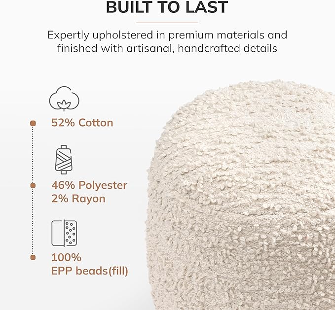 Anji Mountain 100% Handmade & Handcrafted Comfortable Home Décor Pouf Ottoman Footrest for Living Room, Bedroom, Nursery, Kidsroom, Patio Furniture - (22" x 22" x 17" - Ivory)