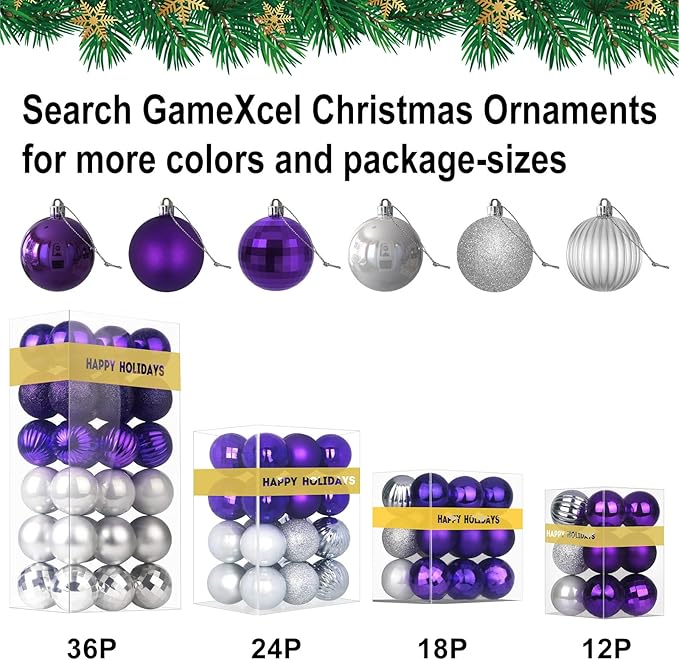 Purple & Silver 2.5" Christmas Balls Christmas Tree Decoration Ornaments Shatterproof Hanging Balls for Birthday Halloween Holiday Wedding Decorations Set of 24pcs