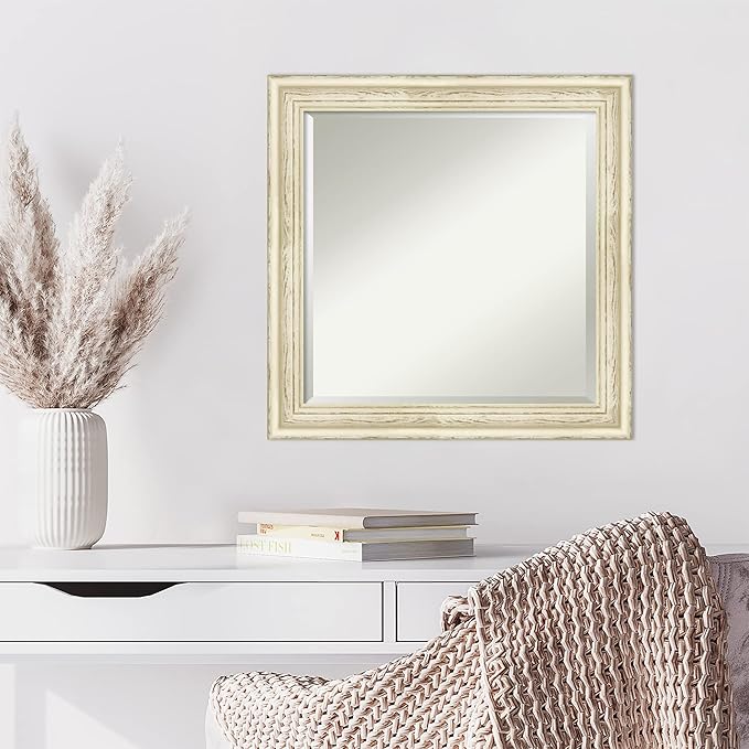 Amanti Art White Wall Mirror 24x24 Country White Wash Square Bathroom Mirror for Wall Decor Living Room, Medium Country Rustic Wood Frame, Hangs Horizonally and Vertically, Bathroom Decor, Beveled