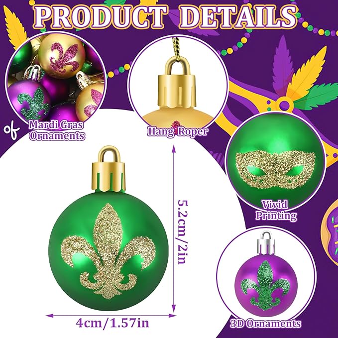 JULMELON 24Pcs Mardi Gras Hanging Ball Ornaments Mardi Gras Glitter Hanging Ball Decorations Sequin Purple Green Gold Tree Ornament for Mardi Gras Home New Orleans Masquerade Party Decor