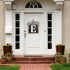 Ultra Large 14'' Last Name All Year Round Front Door Wreath with 26 Initial Letter Welcome Sign All Seasons Eucalyptus Garland and Bow Wreaths for Front Door Porch Farmhouse Decoration (E)