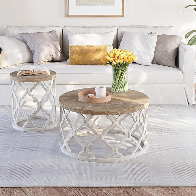 karlott Farmhouse Coffee Table, French Country Round Coffee Table, Coastal Coffee Tables with Distressed Top, Boho Center Table with Curved Motif Frame Base for Living Room, Dining Room, Bedroom