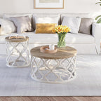 karlott Farmhouse Coffee Table, French Country Round Coffee Table, Coastal Coffee Tables with Distressed Top, Boho Center Table with Curved Motif Frame Base for Living Room, Dining Room, Bedroom