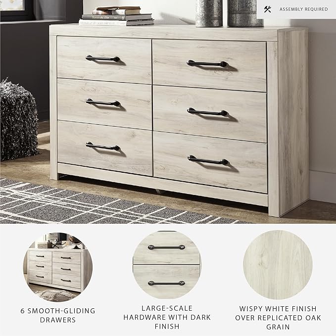 Signature Design by Ashley Cambeck Farmhouse Industrial 6 Drawer Dresser, Whitewash
