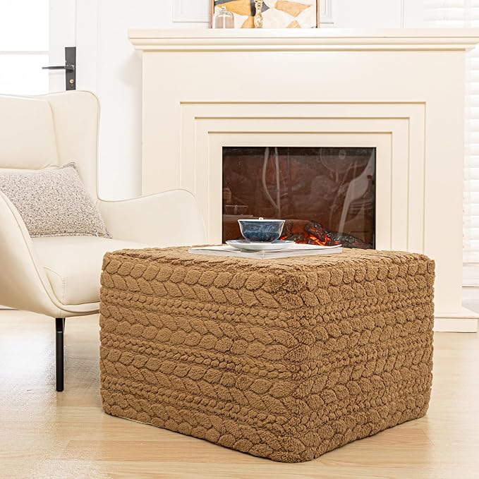 20x20x14 Inches Fluffy Square Pouf Ottoman - Plush Furry Ottoman Foot Rest Stool with High-Density Foam, Versatile Floor Seating for Living Room (Coffee)