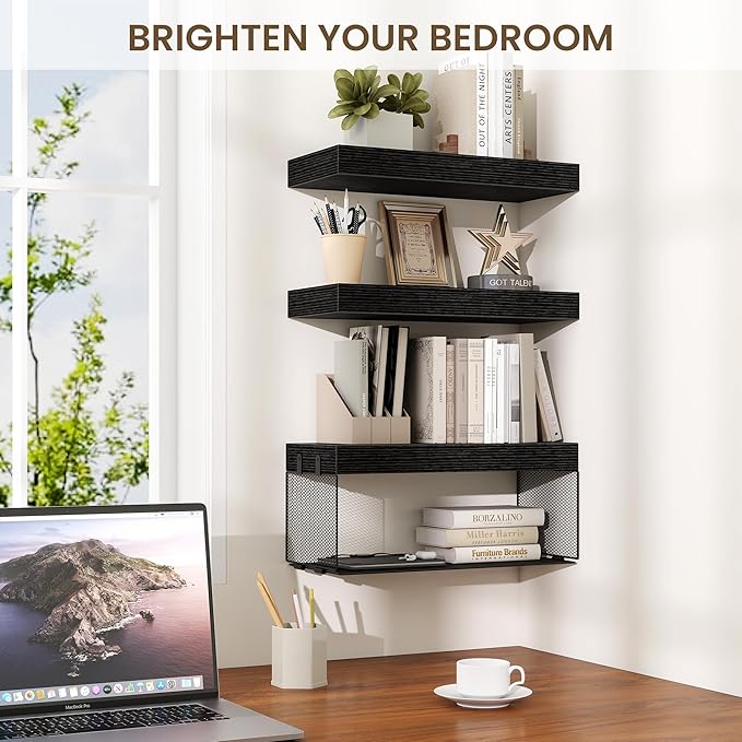 Bathroom Floating Shelves for Wall,16 inch Wall Mounted Floating Shelf Toilet Organizer and Storage,Small Farmhouse Decor Shelf,Black,Set of 3