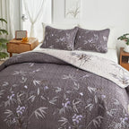 Flysheep Quilt Set 3 Pieces Full/Queen Size, Black Leaves Botanical Design Reversible Bedspread Coverlet Set, Soft Microfiber Lightweight Bed Cover for All Season (90" x 90", 1 Quilt+ 2 Pillow Shams)