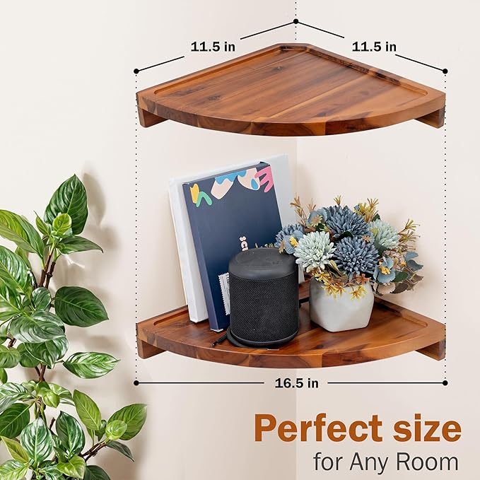 Demigo Floating Round Corner Shelves for Wall 2pcs - Acacia Wood Wall-Mounted Storage Shelves for Home Decor, Space Saving Displays for Living Room, Kitchen, Office, and Bedroom (Natural Brown)