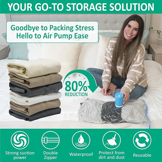 6 Pack Travel Vacuum Storage Bags with Rechargeable Wireless Electric Pump for Luggage, Suitcase, Carry-on Size Vacuum Seal Compression Space Saver Bags for Clothes and Clothing Travel