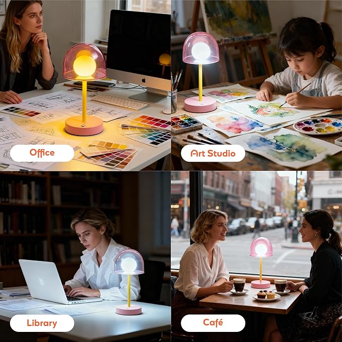 Rechargeable Bedside Lamp with 3CCT & Stepless Dimming, LED Artistic Table Lamp, Battery Powered Mushroom Light for Kids Room Playroom Desk Nightstand (Pink)