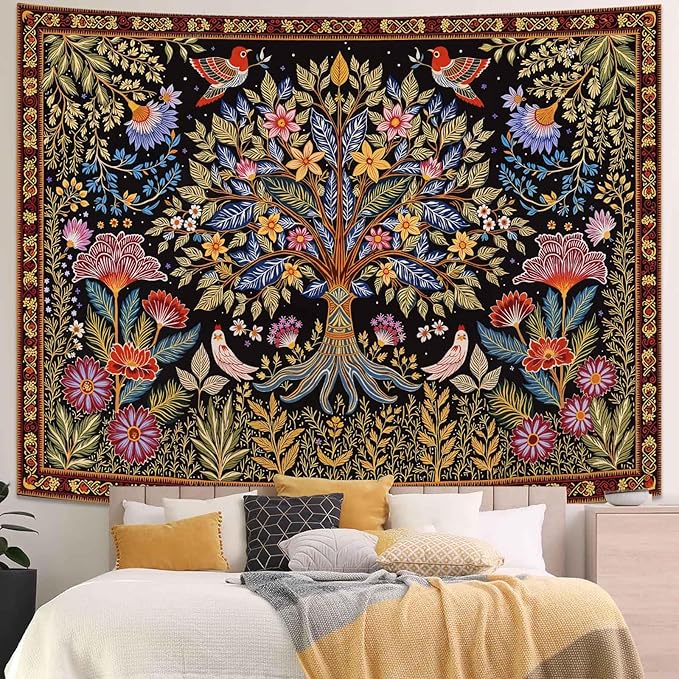 Lunerfex Tree of Life Wall Tapestry - Vibrant Folk Art & Botanical Wall Hanging for Bedroom and Living Room Decor - Boho Nature Tapestries 60"x44"