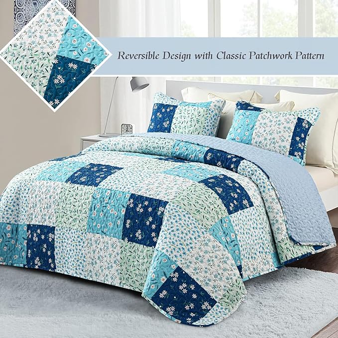 Whale Flotilla Patchwork Quilts Queen Size, Extra Soft Boho Floral Bedspreads for Bed Reversible Lightweight Full Queen Quilt Bedding Set Printed Coverlets with 2 Pillow Shams for All Seasons, Blue