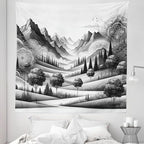 Ambesonne Mountain Tapestry Queen Size, Monochrome Art Scenic Mounts with Wooded Lands Featuring Eastern Mandala, Wall Hanging Bedspread Bed Cover Wall Decor, 88" X 88", Pale Grey Dark Taupe