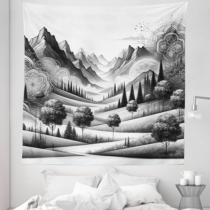 Ambesonne Mountain Tapestry Queen Size, Monochrome Art Scenic Mounts with Wooded Lands Featuring Eastern Mandala, Wall Hanging Bedspread Bed Cover Wall Decor, 88" X 88", Pale Grey Dark Taupe