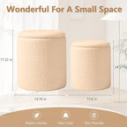 Sam Legend Round Boucle Ottoman with Storage Set of 2,Upholstered Vanity Stool Foot Rest with Removable Lid White Cylinder Stool Sitting Room Ottoman for Living Room Pouf Footstool,Gifts Beige
