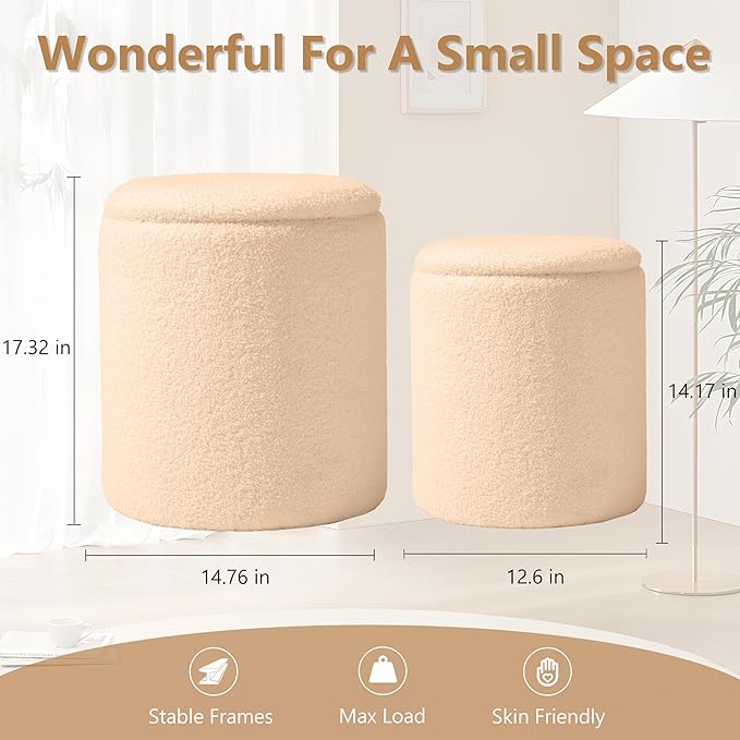 Sam Legend Round Boucle Ottoman with Storage Set of 2,Upholstered Vanity Stool Foot Rest with Removable Lid White Cylinder Stool Sitting Room Ottoman for Living Room Pouf Footstool,Gifts Beige