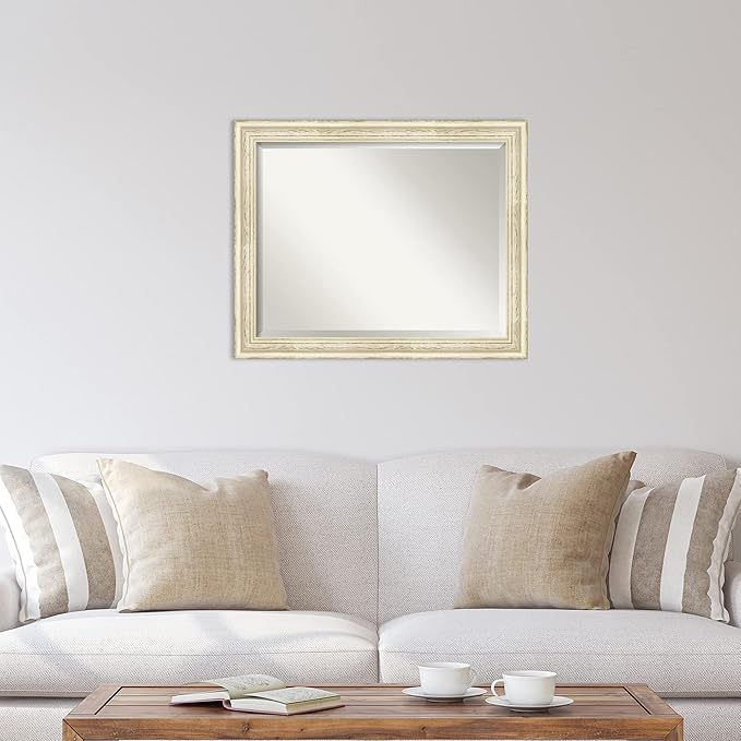 Amanti Art White Wall Mirror 26x32 Country White Wash Rectangle Bathroom Mirror for Wall Decor Living Room, Large Country Rustic Wood Frame, Hangs Horizonally and Vertically, Bathroom Decor, Beveled
